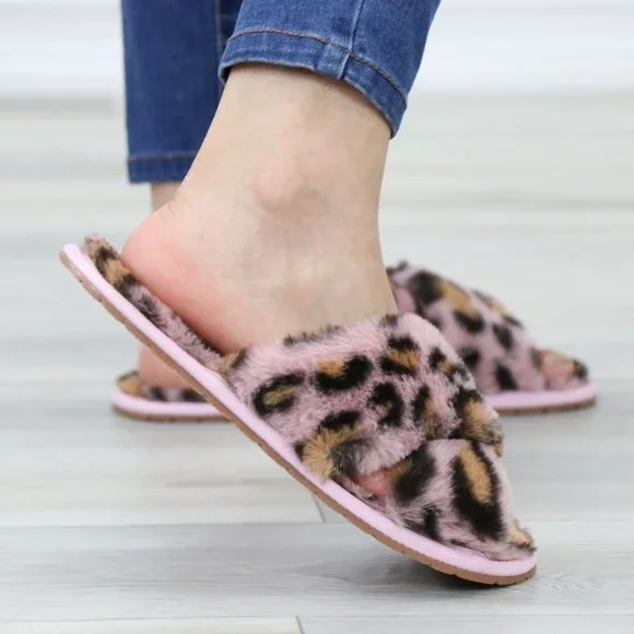 Cross Strap Leopard Blush Pink Puff Fuzzy Fluffy Slip On Plush Slippers - Picture 7 of 13
